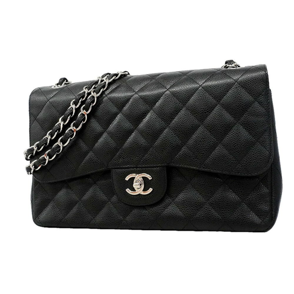 Chanel Shoulder Bag, Large Matelassé, Double Flap, Chain, Caviar Leather, Bla...